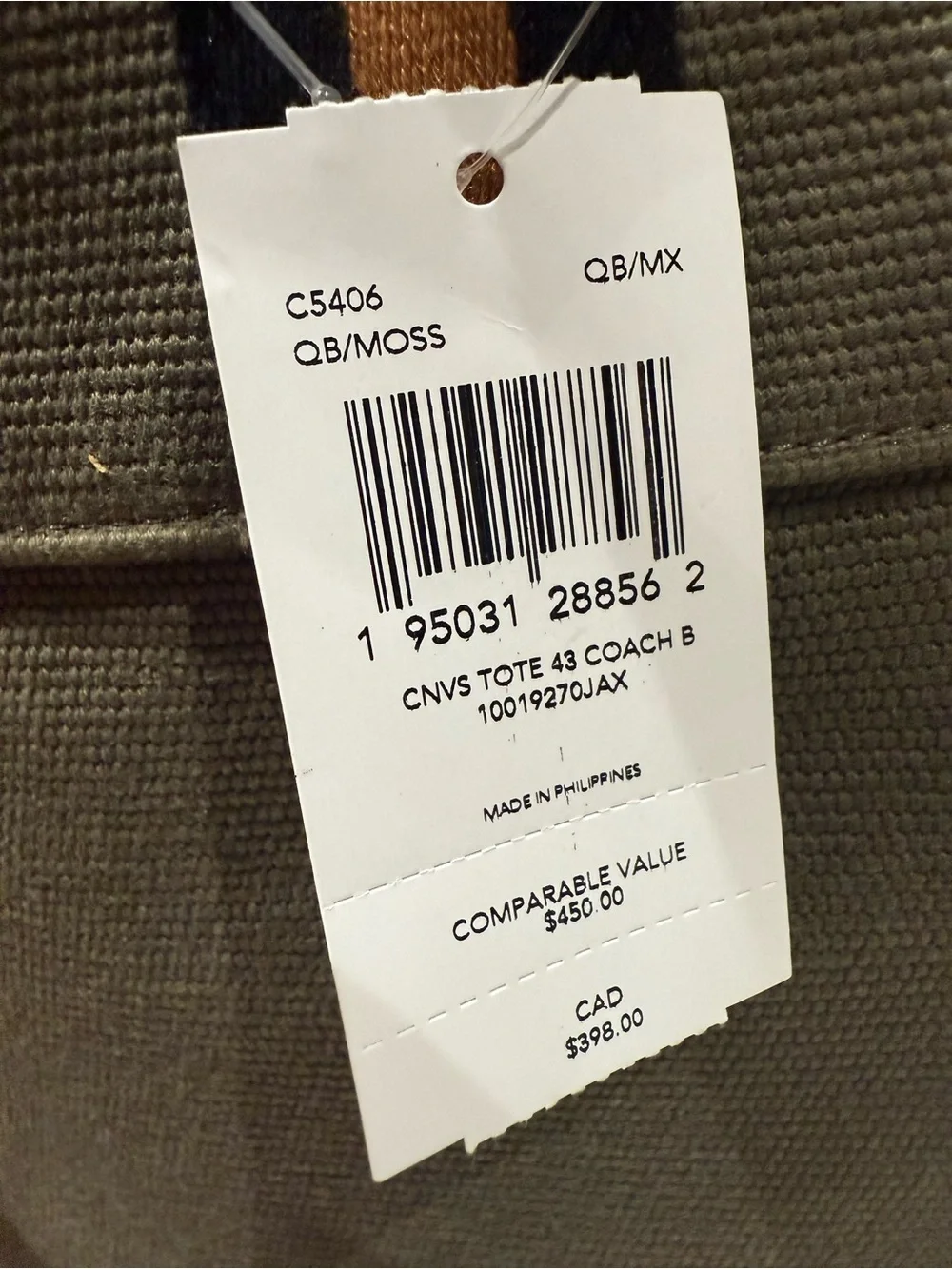 Coach Olive Canvas Tote with Black and Tan Handle Accents